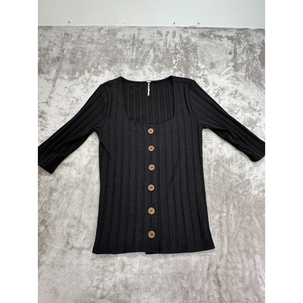 Free People Central Park Ribbed Button Front Sweater Womens Size Large Black EUC